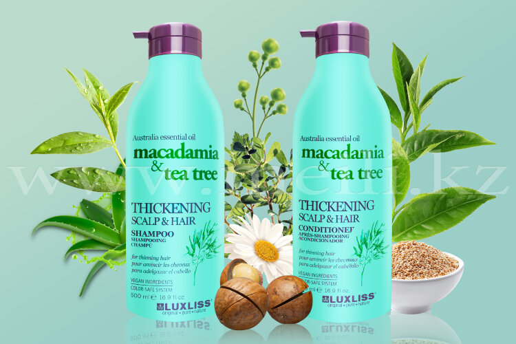 Шампунь и кондиционер для поврежденного и истонченного волоса «Macadamia & tea tree». 